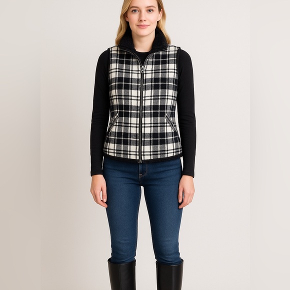 WOOLRICH black & white preppy plaid wool blend full zip vest size large fall - Picture 1 of 6